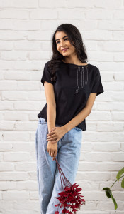 Hunar Casual Embroidered Women Black Top