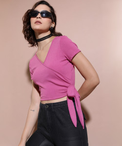 Tokyo Talkies Casual Self Design Women Pink Top