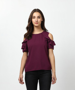 HARPA Casual Cold Shoulder Solid Women Purple Top