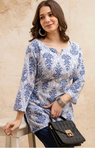 CHAHATFAB Casual Printed Women Blue, White Top