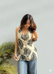 Krishna sakhi Casual Printed Women Beige Top