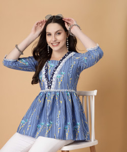God Bless Casual Floral Print Women Blue Top
