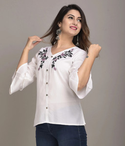 IQRAAR Casual 3/4 Sleeve Embroidered Women White Top