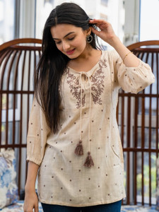 RR SA KURTIS Party Embroidered Women Beige Top