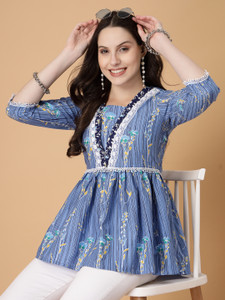 God Bless Casual Floral Print Women Blue Top