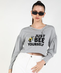 FOREVER 21 Casual Full Sleeve Printed Women Grey Top