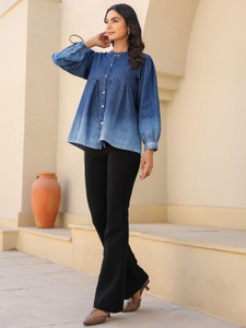 Janasya Casual Solid Women Blue Top