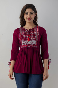 WOMENISHKURTI Casual Embroidered Women Maroon Top