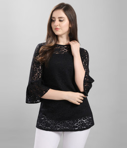 Selvia Party Bell Sleeve Self Design Women Black Top