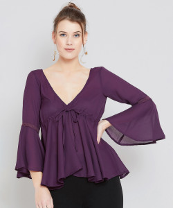 U&F Casual Bell Sleeve Solid Women Purple Top