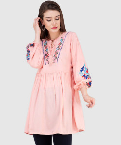 SAAKAA Casual Puff Sleeve Embroidered Women Pink Top
