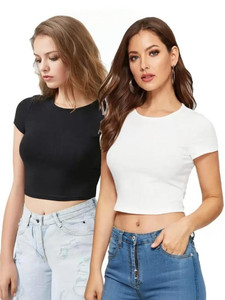 SELVIKE Casual Solid Women Black, White Top
