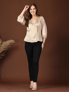 KATLINE Casual Solid Women Beige Top