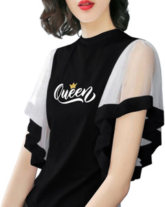 eddlees Party Printed, Graphic Print, Solid Women Black Top