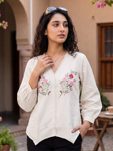 MICORIA Casual Embroidered Women Beige, Red, Pink Top