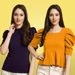 METRONAUT Casual Solid Women Dark Blue, Yellow Top