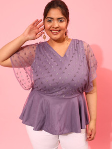 CURVY STREET Party Embroidered Women Purple Top