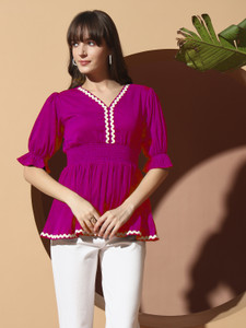 ZWERLON Casual Solid Women Pink Top