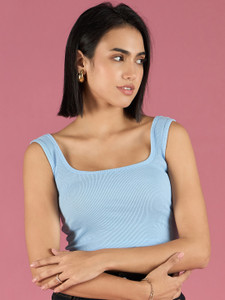 bearbrother Casual Solid Women Light Blue Top