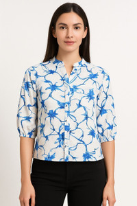 GLENZI Casual Printed Women White, Blue Top