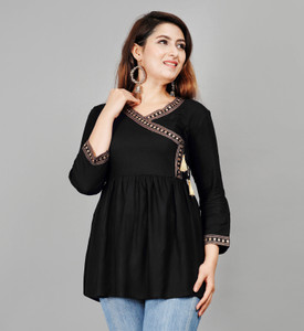 Angarkha Casual Embroidered Women Black Top