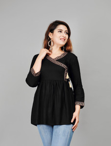 Angarkha Casual Embroidered Women Black Top