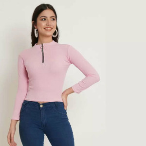 FamBee Casual Solid Women Pink Top