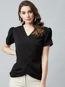 ATHENA Casual Puff Sleeve Solid Women Black Top