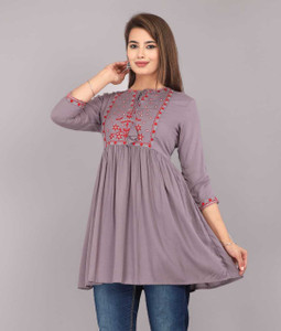 nagma Casual Embroidered Women Grey Top