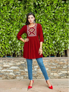 YANDZONE Casual Embroidered Women Maroon Top
