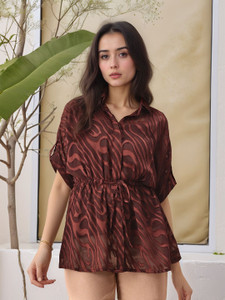 FashFun Casual Solid, Self Design Women Brown Top