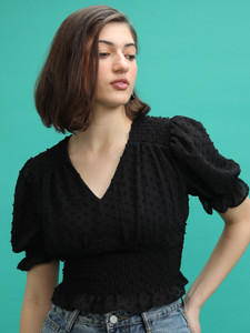 Tokyo Talkies Casual Solid Women Black Top