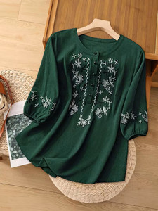 NetureClothing Casual Embroidered Women Dark Green Top