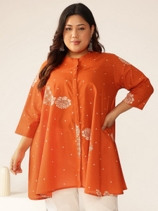Janasya Casual Floral Print Women Orange Top