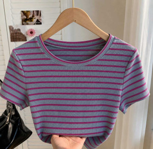 METRONAUT Casual Striped Women Grey, Pink Top