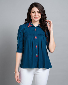MOJILAA Casual Embroidered Women Dark Blue Top