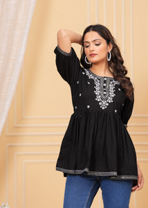 GHUMMAN SONAKSHI Casual Embroidered Women Black Top