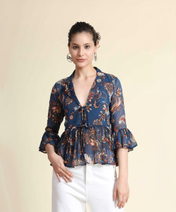 KERI PERRY Casual Printed Women Blue Top