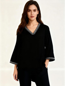 Anamwear Casual Solid, Embroidered, Embellished, Lace, Printed, Striped, Ethnic Motifs Women Black Top