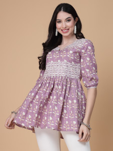 God Bless Casual Printed Women Purple, Beige, White Top