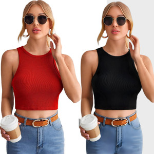 CotiQ Casual Solid Women Red, Black Top