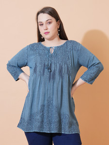 SAAKAA Casual Embroidered Women Light Blue Top