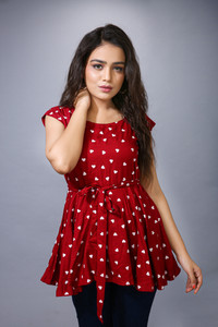 ZEVDO OUTFITS Casual Polka Print Women Maroon Top