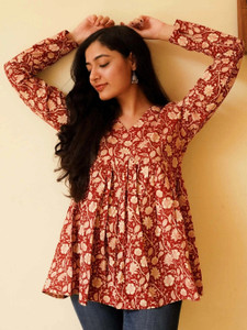 SANGOURI Casual Floral Print Women Maroon Top