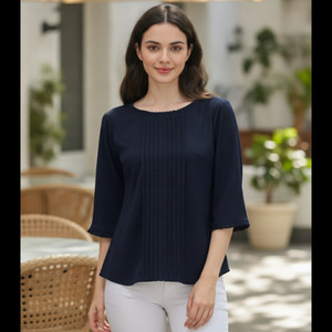 Prettify Casual 3/4 Sleeve Solid Women Blue Top