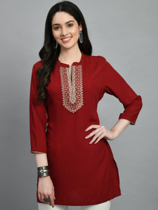 Meesan Casual Embroidered Women Maroon, Gold Top