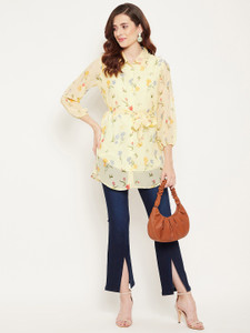 BITTERLIME Casual Floral Print Women Yellow Top