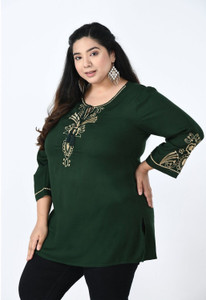 VAAMII Casual Embroidered Women Dark Green Top
