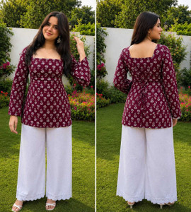 SanjuFashion Casual Printed Women Maroon Top
