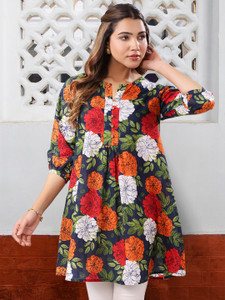 Janasya Casual Floral Print Women Blue, Orange, White Top